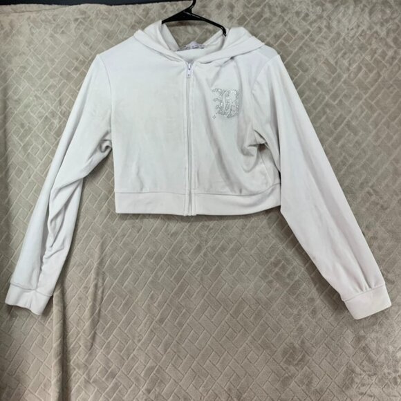 Roma Tops - Roma Concept Womens L Hoodie Sweatshirt White Velour Cropped Full Zip Rhinestone